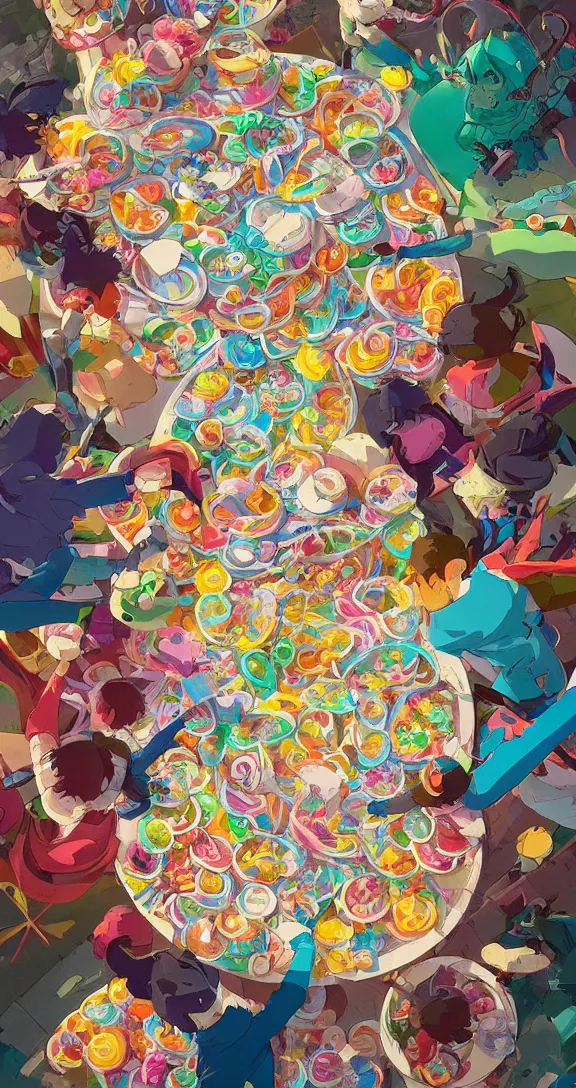 Prompt: A table full of candy, aerial view, maximalism, vibrant colors, optimistic colors, vivid, fun, by Studio Ghibli and Greg Rutkowski