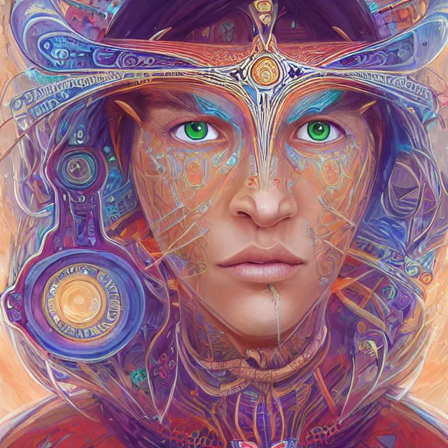 Image similar to one centered screen portrait of a future metaverse ayahuasca tech shaman warrior, 2 d cartoon, visionary art, symmetric, magick symbols, holy halo, shipibo patterns, sci - fi, concept art, trending on art station, 8 k digital art, by mandy jurgens, fantasy portrait art, anime