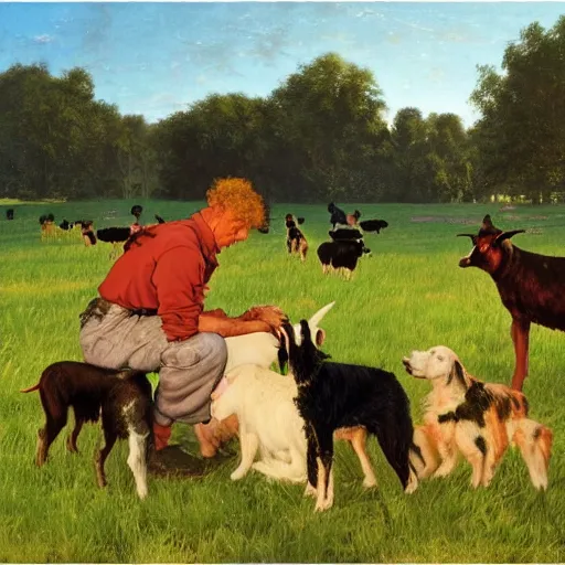 Image similar to feeding the farm dogs at sunrise, 4 k, by bob ross and norman rockwell