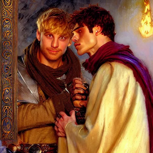 Image similar to attractive, arthur pendragon in love with attractive male, merlin the mage. highly detailed painting by gaston bussiere, craig mullins, j. c. leyendecker