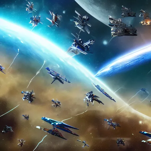 Prompt: epic scene of space battle with spaceship explouding warriors all over the scene, panoramic, realistic 4 k