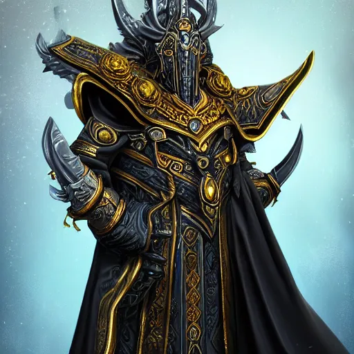 Image similar to professionally-painted ultradetailed ornate RPG award winning masterpiece illustration of beautiful symmetrical Lich King, fully clothed with black robe with silver ornates, digital airbrush painting, 3d rim light, hyperrealistic, artstation, cgsociety, kodakchrome, golden ratio