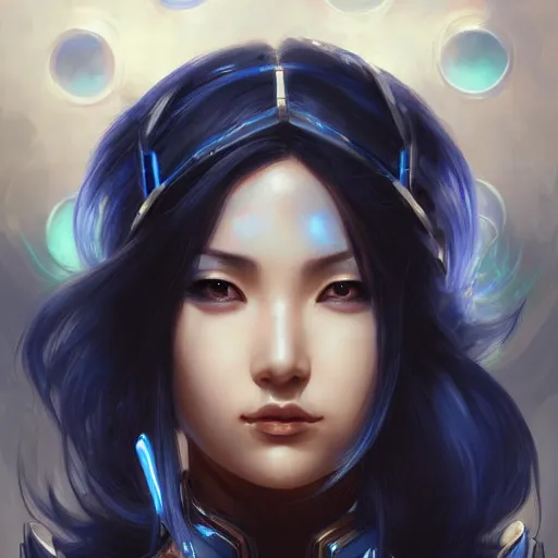 Image similar to closeup portrait of a young asian Cyberpunk woman with dark blue hair, fantasy, intricate, elegant, highly detailed, digital painting, artstation, concept art, matte, sharp focus, illustration, hearthstone, art by Artgerm and Gred Rutkowski and Alphonse Mucha