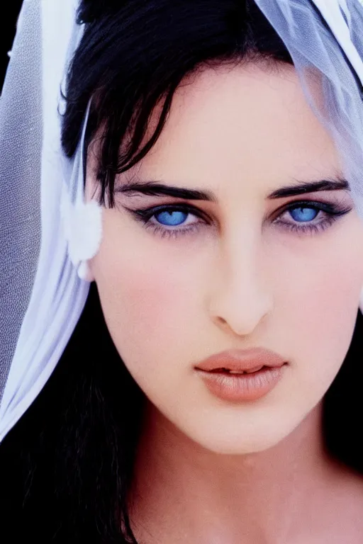 Prompt: young arab Monica Bellucci, blue eyes, long wavy black hair, white veil, closeup, focus, colored, long face