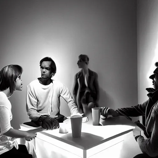 Prompt: the installation art depicts two people, a man and a woman, sitting at a table. the man is looking at the woman with a facial expression that indicates he is interested in her. the woman is looking at the man with a facial expression that indicates she is not interested in him. there is a lamp on the table between them. by andrew robinson mild