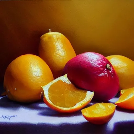 Prompt: A beautiful still life oil painting of Oranges pineapples bananas Pomegranates lying on a silk cloth, fog, volumetric, lighting, summer, hyperrealistic, art by artgerm