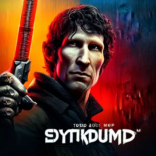 Image similar to todd howard with a pistol, forcing you to buy skyrim, threatening, sharp, cinematic, colorful, digital art, neon, bright, cyberpunk, blade runner 2 0 4 9, realism, bold