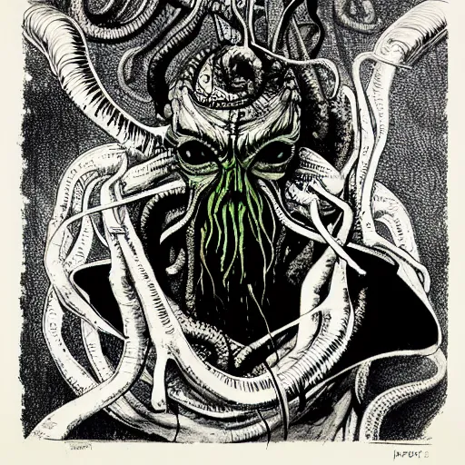 Prompt: graphic illustration, creative design, cthulhu, biopunk, by ralph steadman, francis bacon, hunter s thompson, highly detailed, concept art