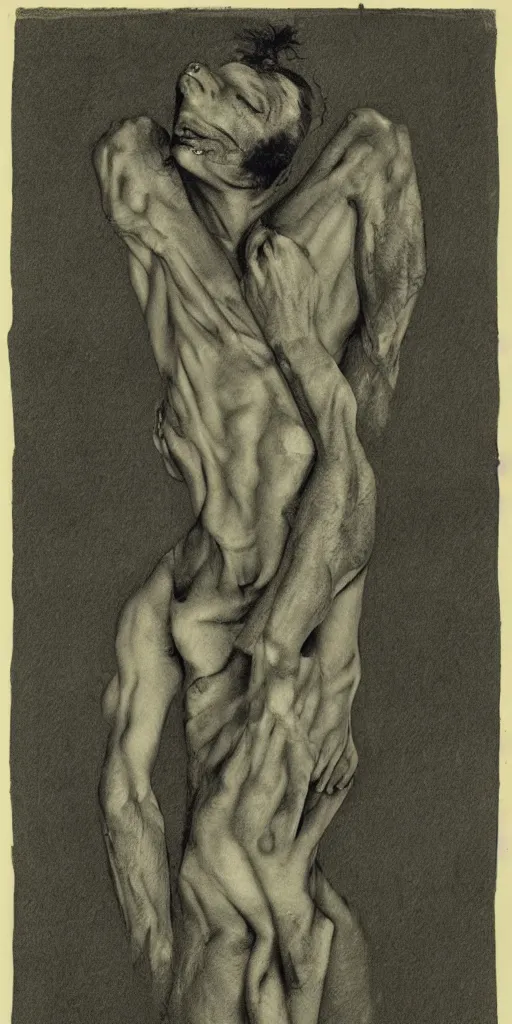 Image similar to a man slipping into madness, human body, detailed, in the style of jesse draxler.