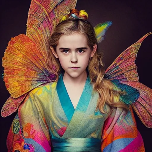 Prompt: stunning, breathtaking, awe - inspiring award - winning concept art of kiernan shipka as a faerie wearing a colorful kimono, extremely moody lighting, intricate