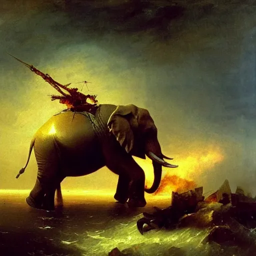 Image similar to giant gold-clad elephant in ferocious battle against a flying fire breathing seal, dark, oil painting, Ivan Aivazovsky