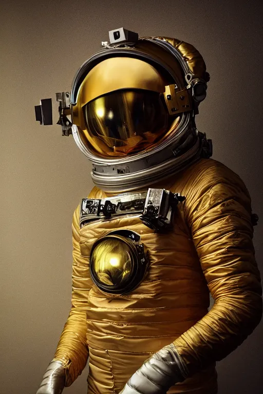 Prompt: extremely detailed studio portrait of space astronaut, helmet under arm, full body, soft light, golden glow, award winning photo by michal karcz and yoshitaka amano