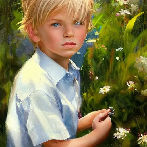 Image similar to a cute seven year old boy with tousled blonde hair and blue eyes in a lovely garden, beautiful painting by raymond swanland and magali villanueve, highly detailed face