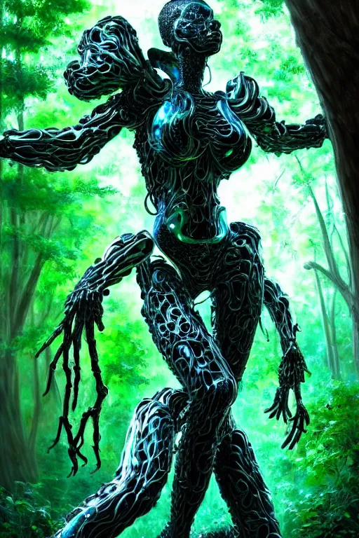 Prompt: hyperrealistic neo - baroque super expressive! black woman with exoskeleton armor, merging with tree in a forest, highly detailed digital art masterpiece smooth cam de leon eric zener dramatic pearlescent blue green light ground angle hd 8 k sharp focus