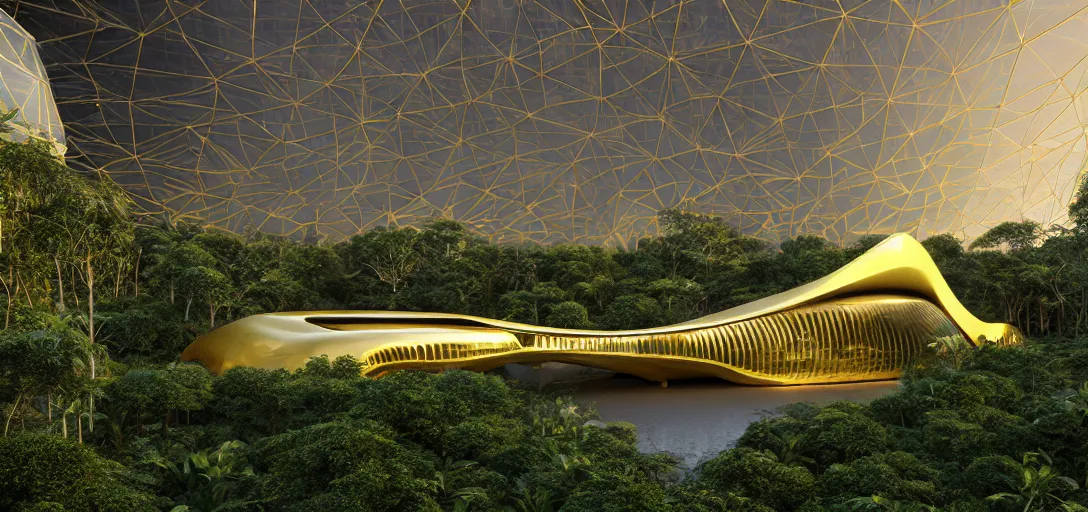 Image similar to futuristic shinny golden mirror building camouflaged in an jungle landscape of a solarpunk world by frank gerhy and oscar niemeyer, shinny golden roads and bridges designed by zaha hadid, movie poster, spiral golden ratio, at dusk lighting, evening lighting, reflections, film still, hyper realistic, octane render redshift arnold materials unreal engine, 8 k post production, hyper detailed