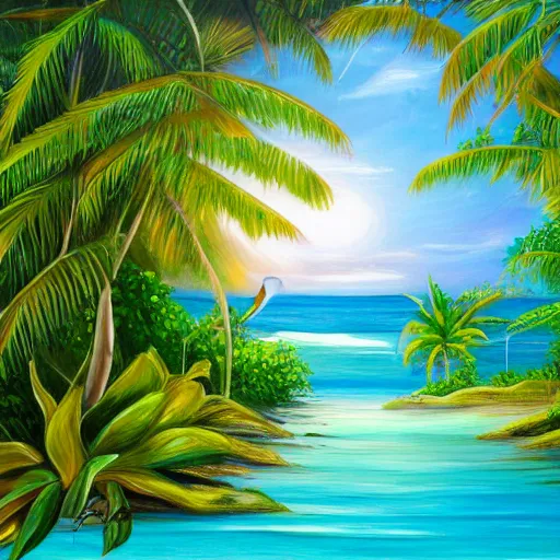 Prompt: an extremely beautiful ultra - realistic painting of a tropical island paradise with sunlight shining through vines, white sand, turquoise water, lagoons, warm, palm trees, exotic birds, peaceful, green forest, turtles, forgotten paradise, 4 k, award winning