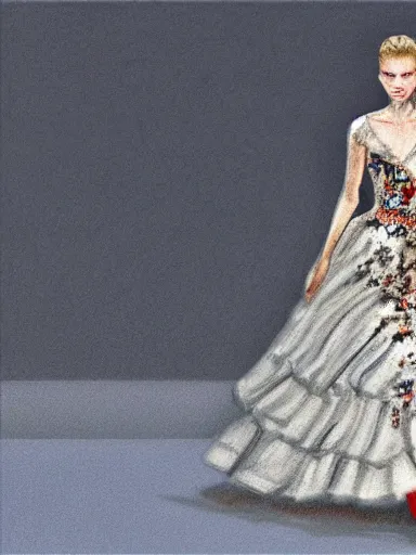 Image similar to a dress made by alexander mcqueen, model walking down a catwalk, photorealism, 4 k