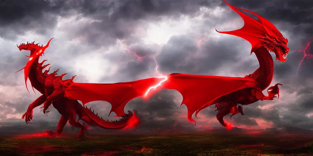 Image similar to A huge red dragon swoops past an imposing medieval castle, fire, dark fantasy, stormy sky, volumetric lightning, digital art