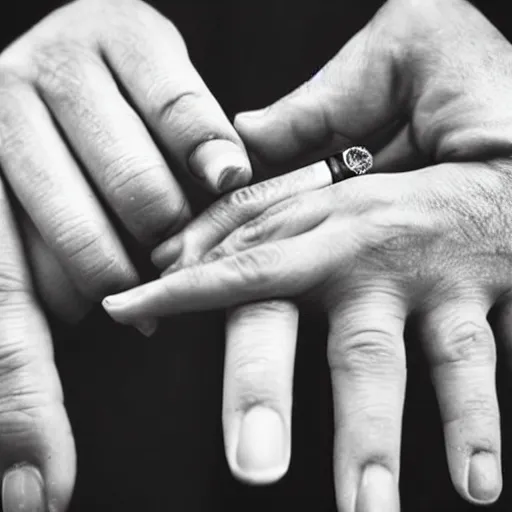 Image similar to normal man's hand with five fingers and a ring and a cigarette between the fingers