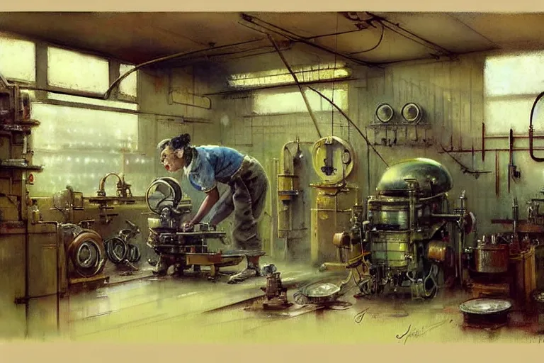 Image similar to ( ( ( ( ( 1 9 5 0 s retro science fiction mechanics shop interior scene. muted colors. ) ) ) ) ) by jean - baptiste monge!!!!!!!!!!!!!!!!!!!!!!!!!!!!!!