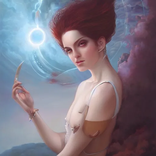 Image similar to a beautiful portrait of a celestial goddess by Jim Burns and Tom Bagshaw, Trending on Artstation