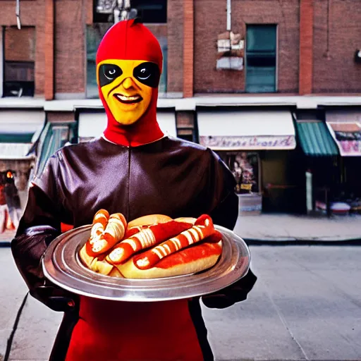 Prompt: closeup portrait man in ninja costume upside down trying to sell hotdogs in a smoky new york back street, by Annie Leibovitz and Steve McCurry, natural light, detailed face, CANON Eos C300, ƒ1.8, 35mm, 8K, medium-format print