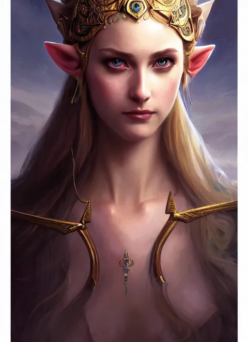 Image similar to beautiful one face portrait of a seductive princess zelda, dark fantasy esoteric, closeup, d & d, fantasy, intricate, elegant, highly detailed, digital painting, artstation, concept art, matte, sharp focus, illustration, art by artgerm and tom bagshaw and greg rutkowski and alphonse mucha