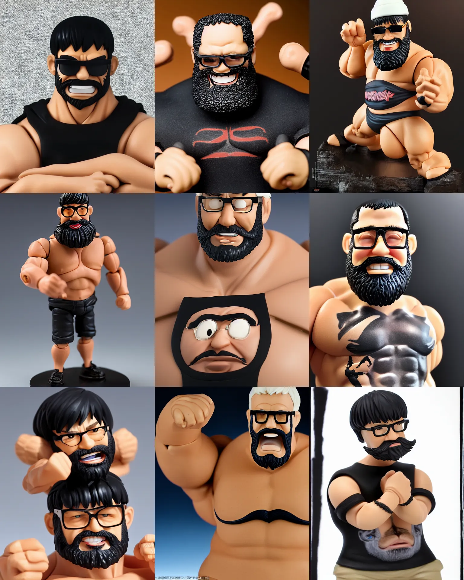 Prompt: plastic action figure of a buff smiling man with stuble full beard, muscular neck, rectangular shaped glasses and a black bowl cut, wearing a black tshirt, dramatic light, blur, out - of - focus background, by kim jung gi, ric estrada, ron english and eiichiro oda