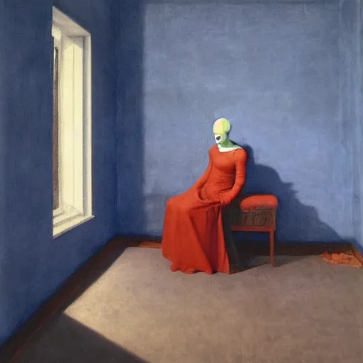 Image similar to a blue demon in an haunted liminal abandoned room, film still by edward hopper, by Pontormo, by klimt, pre-raphaelite. art noveau, art noveau, highly detailed, strong lights, liminal, eerie, Bright pastel colors