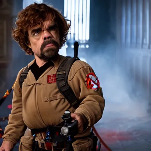 Image similar to stunning awe inspiring peter dinklage as a ghostbuster in the movie ghostbusters, movie still 8 k hdr atmospheric lighting