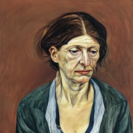 Image similar to Oil painting Portrait of a sad Woman, by Lucian Freud, Abstract brush strokes, Masterpiece