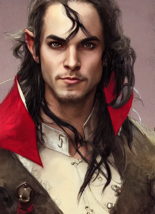 Prompt: medium-length portrait of a male elven dashing swashbuckler with dark hair and brown eyes fair skin, cocky expression, laughing, elf, wears a ostentatious bright red longcoat, pirate setting, highly detailed, digital painting, artstation, concept art, sharp focus, illustration, art by greg rutkowski and alphonse mucha