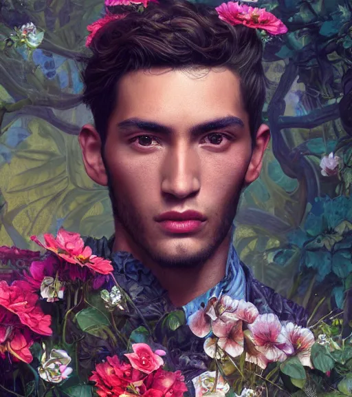 Image similar to portrait of a very handsome peruvian male model, surrounded by flowers by karol bak, james jean, tom bagshaw, rococo, trending on artstation, cinematic lighting, hyper realism, octane render, 8 k, hyper detailed.