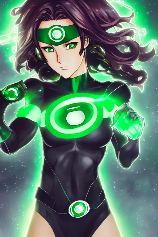 Image similar to anime key visual of a beautiful female green lantern, intricate, glowing accents, powers, glowing ring, speed, goddess, dc comics, cinematic, stunning, highly detailed, digital painting, artstation, smooth, hard focus, illustration, character concepts by senior concept artist