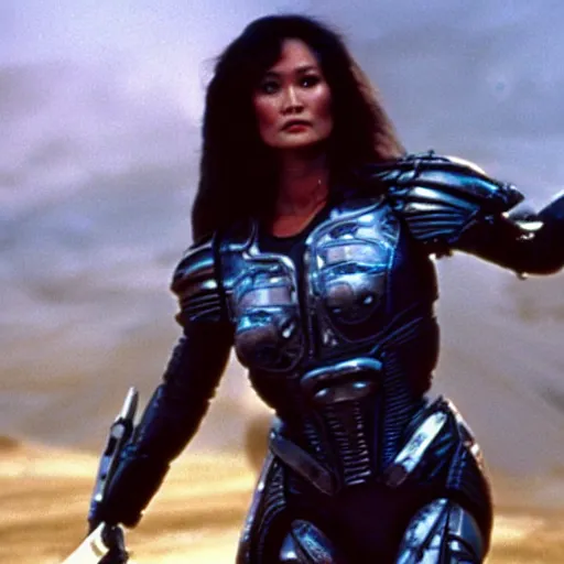 Image similar to movie still, 1 9 8 0 s, tia carrere as armored alien hunter, hyperdetailed, by ridley scott and john carpenter, blue leds