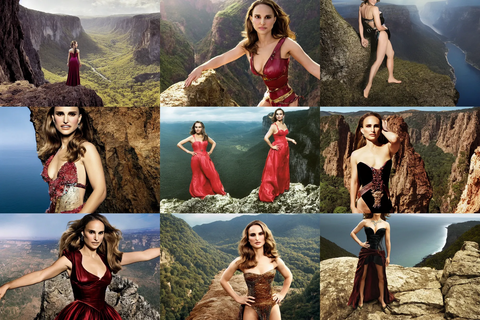 Prompt: full-length portrait of Natalie Portman wearing a chesty fantasy outfit and standing on the edge of a cliff overlooking a valley