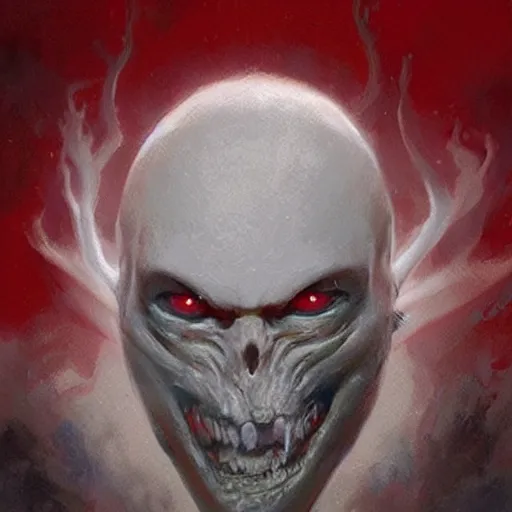 Image similar to painting by greg rutkowski of a flying human head and face that is chalk white in color, with tentacles coming of the neck, red eyes, flying in a terrying hell like cavernous place