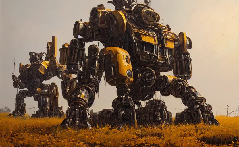 Image similar to an intricate oil painting of a giant armored plated metal mecha by simon stalenhag, rust, yellow and black trim