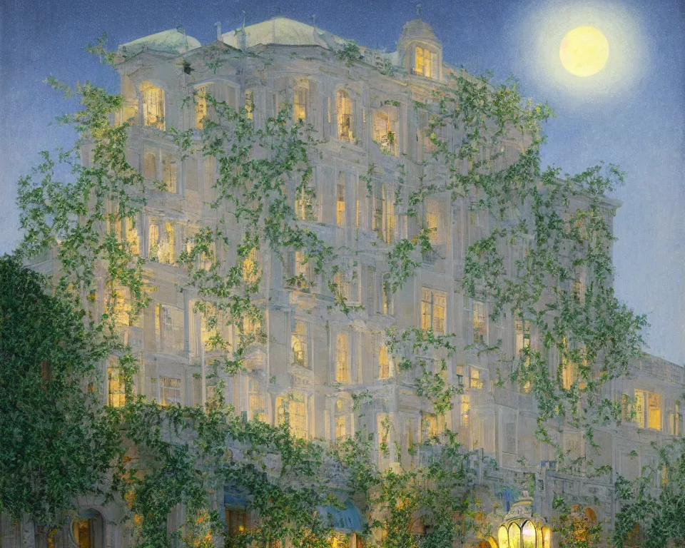 Image similar to an achingly beautiful print of lunar four seasons hotel, lit by glowing wrought-iron lanterns and overgrown with flowering ivy, on the Sea of Tranquility by Raphael, Hopper, and Rene Magritte. detailed, romantic, enchanting, trending on artstation.