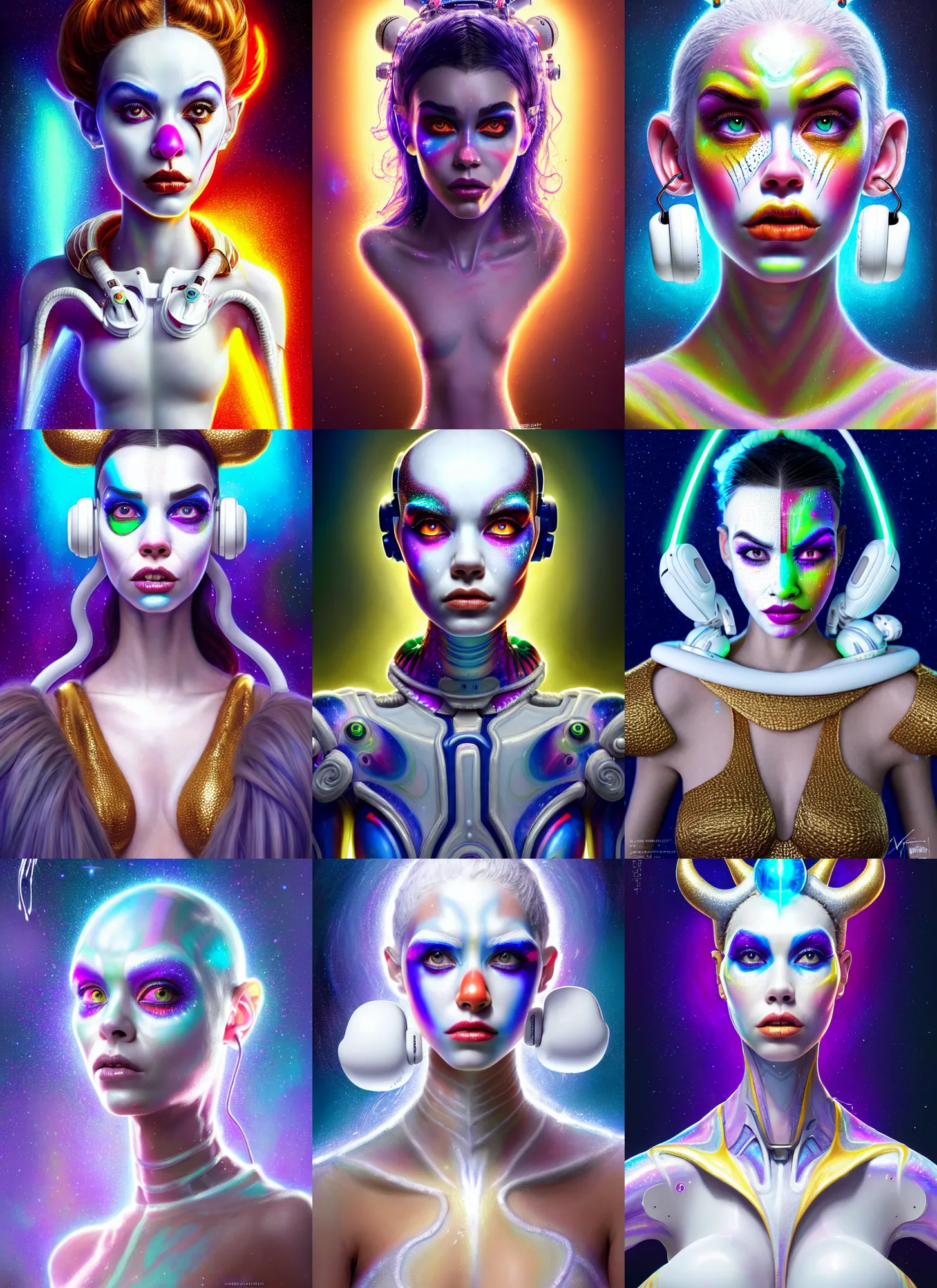 Prompt: bright white polished galactic gogo clowncore weta cyborg : : disney pixar star wars portrait, soft devil queen madison beer, bling airpods, hi - fructose, sci fi fantasy intricate decadent highly - detailed digital painting, golden ratio, octane render, artstation, concept art, smooth, sharp focus, illustration, artgerm, mucha, loish