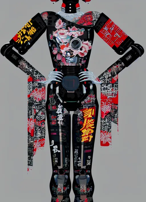 Prompt: full body portrait of a punk geisha robot with kanji tattoos and decals wearing a digital pixelated kimono, intricate design, photo - realistic, octane render, dark colour palette, ultra fine detailed, character design, trending on artstation