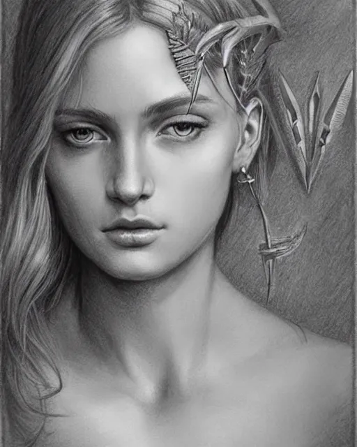 Image similar to beautiful aphrodite greek goddess wearing a golden laurel wreath and arrowhead earrings, hyper - realistic pencil drawing, beautiful piercing eyes with sharp pupils, beautiful blonde hair, in the style of greg rutkowski, fantasy, amazing detail, epic, elegant, smooth, sharp focus