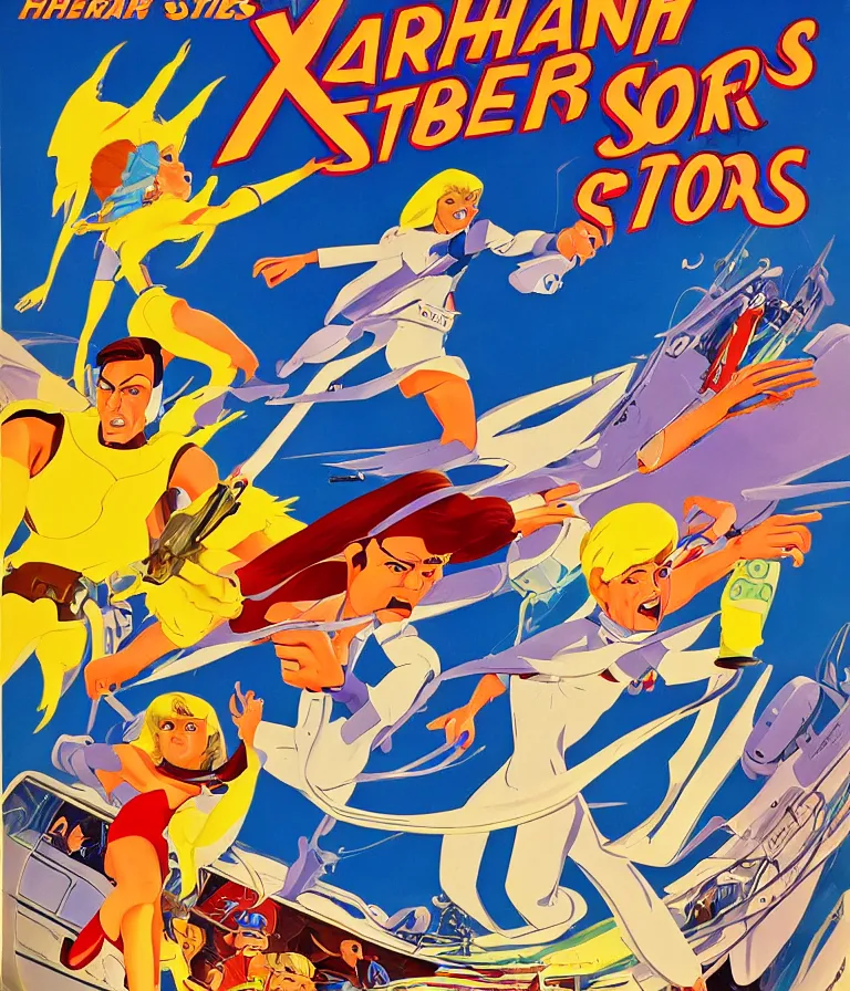 Image similar to Hannah Barbera cartoons of Five Star Stories as Whacky Races, promotional poster super detailed , xpensive production, realistic style, gouache colors, Hollywood retro cartoon poster, golden era of animation work