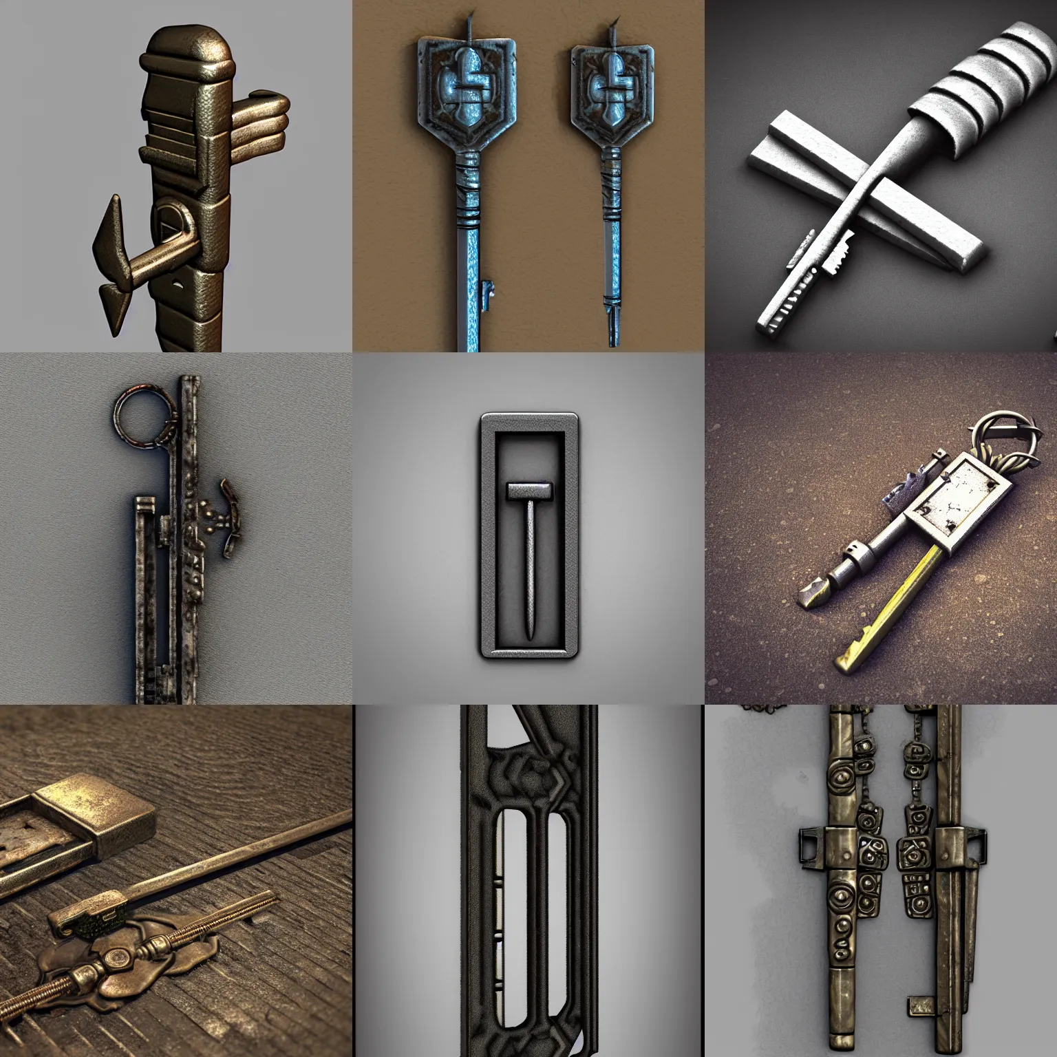 Prompt: key for the doors, made of metal, rpg game inventory item, zoomed on, detailed, 3D, stylized, perspective view, ArtStation concept