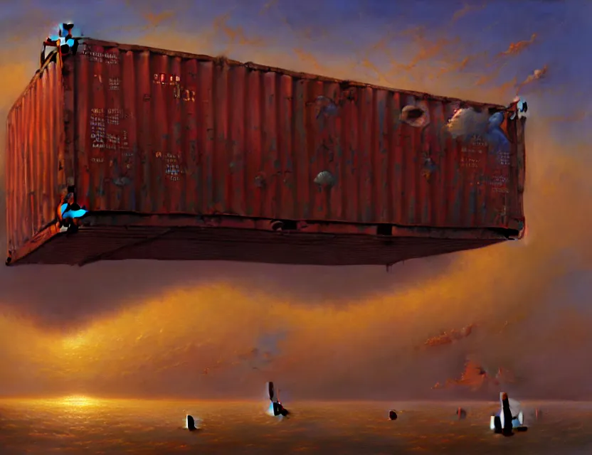 Prompt: a rusted shipping container in the clouds, tim hildebrandt, wayne barlowe, bruce pennington, donato giancola, trending on artstation, cinematic composition, beautiful lighting, hyper detailed, 8 k, oil on canvas
