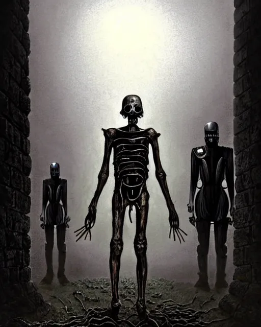 Image similar to full-body creepy realistic central composition, a decapitated soldier with futuristic elements. he welcomes you into the fog with no head, dark dimension portal, empty helmet inside is occult mystical symbolism headless full-length view. attendants watching, standing in ancient gate eldritch energies disturbing frightening eerie, uneasy atmosphere, artwork by Salvador Dali and Junji Ito