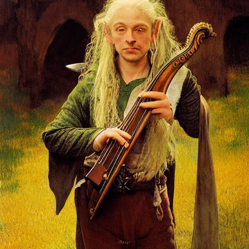 Prompt: half length portrait of billie ellish as a hobbit bard playing the mandolin, d & d, medieval, fantasy, giger, royo, klimt, miro, vallejo, frazetta, alphonse mucha, greg rutkowski, whealan