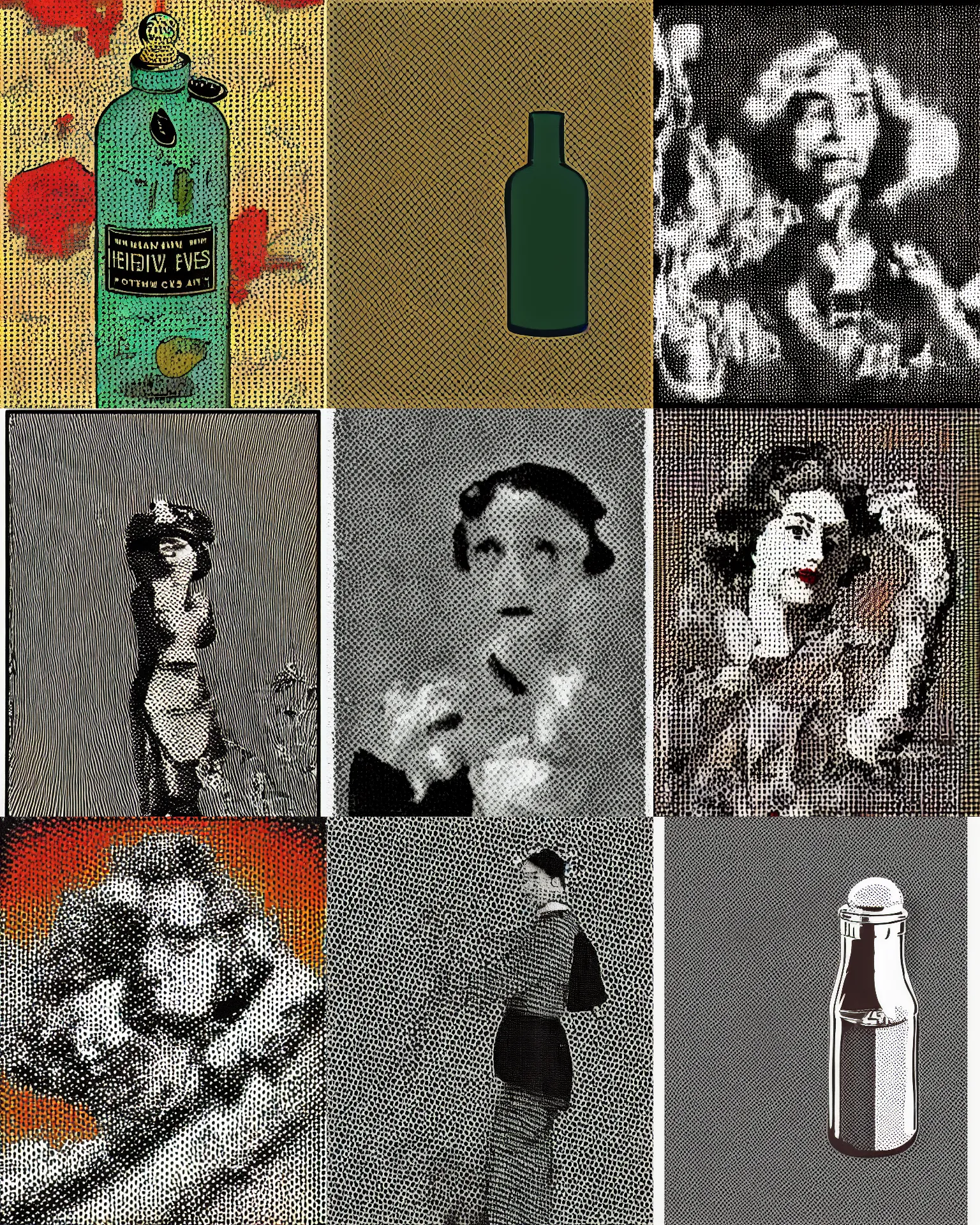 Prompt: medium shot, 1 9 th century perfume bottle ads, illustration on top of a dithered photo, in the style of ben - day halftone dots by benjamin henry day, roy lichtenstein, detailed, 8 k