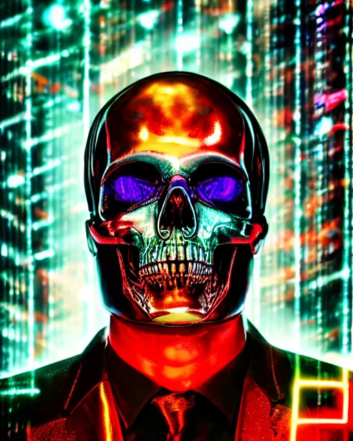 Prompt: dramatic cyberpunk portrait of a metallic skull in a suit, crystalline, red glow, green glow, blue glow, atmospheric haze, intense shading, optic ripple, backlit, bokeh, centered