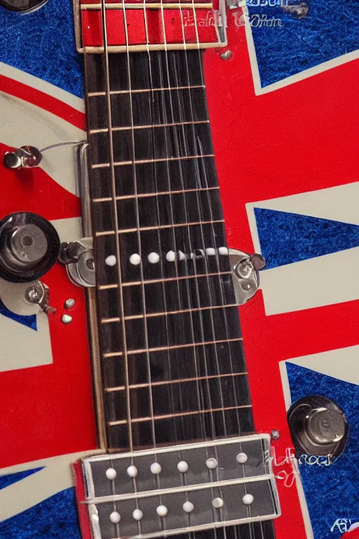 Prompt: A guitar with union jack paint and RGB LED lights, intricate, elegant, super highly detailed, artstation, concept art, smooth, extreme illustration, Unreal Engine 5, 8K, photorealistic, cinematic lighting, HD, high details, very coherent symmetrical artwork, cinematic, hyper realism, high detail, vibrant colors, smooth gradients